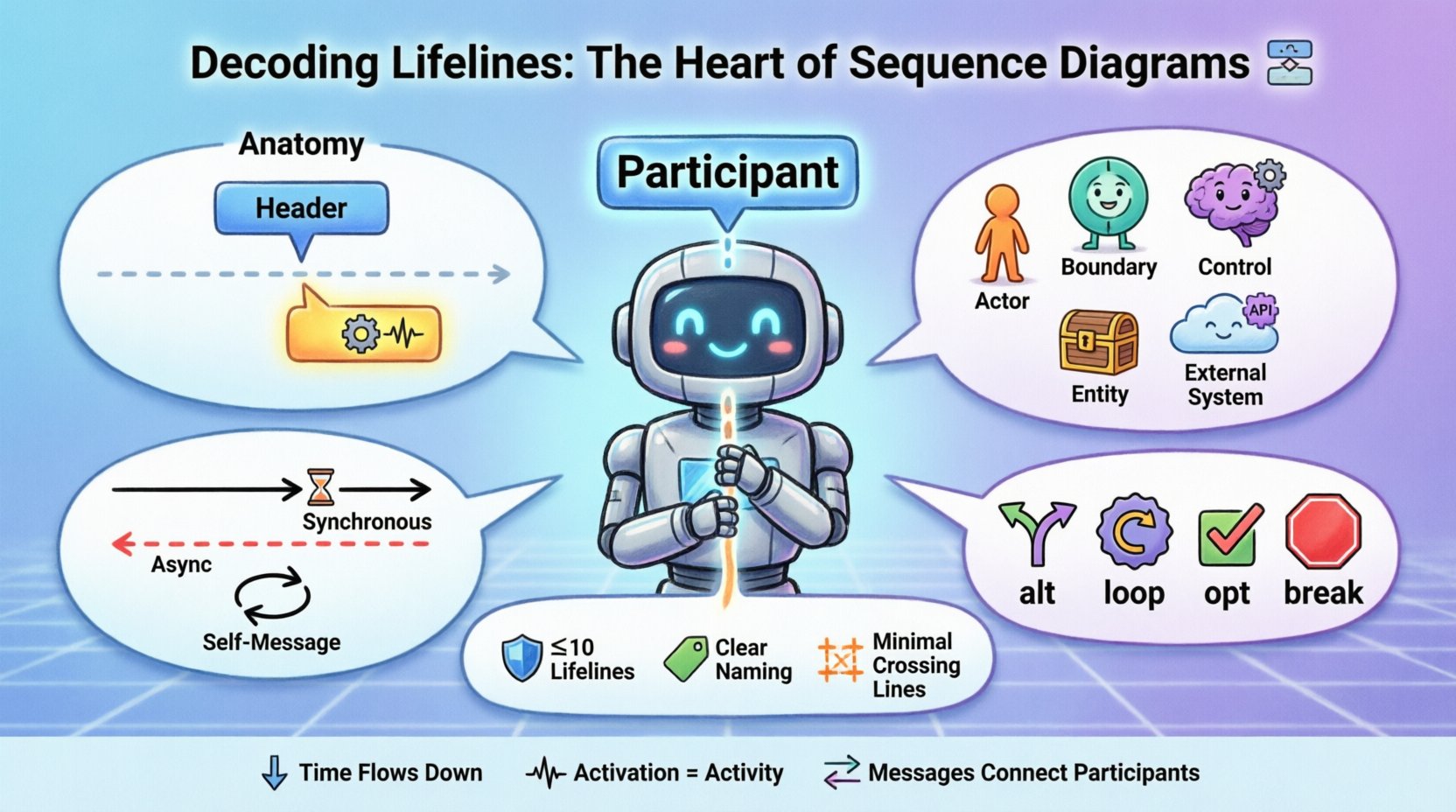Cartoon infographic explaining lifelines in UML sequence diagrams: features a friendly robot developer holding a vertical dashed lifeline with labeled anatomy (participant rectangle, timeline, activation bar), colorful character icons for participant types (Actor, Boundary, Control, Entity, External System), illustrated message flow arrows (synchronous, asynchronous, return, self-message), visual fragments (alt, loop, opt, break), and best practice tips with icons for clean diagram design, all in a vibrant 16:9 educational layout with clear typography and tech-themed background