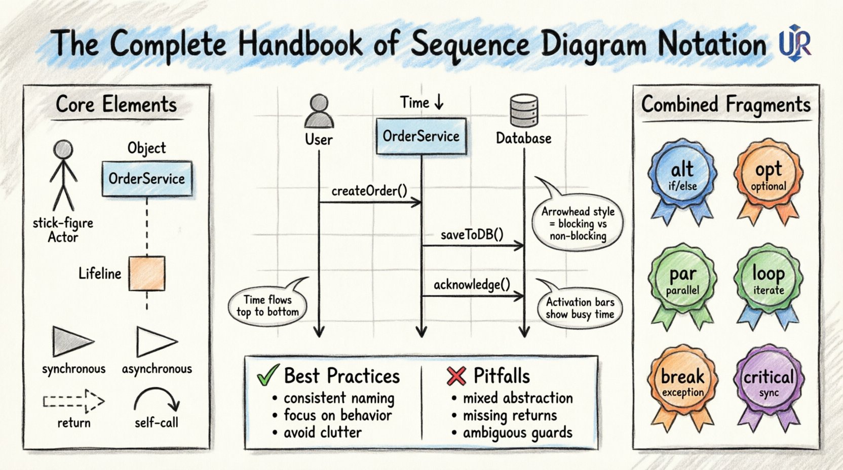 Marker-style infographic guide to UML sequence diagram notation showing core elements: lifelines, participants, activation bars, synchronous and asynchronous message arrows, combined fragments (alt, opt, loop, par), object lifecycle creation/destruction, plus best practices and common pitfalls for system design documentation