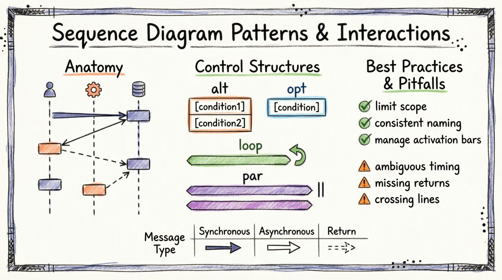 Hand-drawn infographic illustrating sequence diagram patterns and interactions: shows anatomy elements (lifelines, activation bars, message arrows), message types (synchronous with filled arrowhead, asynchronous with open arrowhead, return with dashed line), control structures (alt, opt, loop, par fragments), plus best practices checklist and common pitfalls warnings for system design documentation