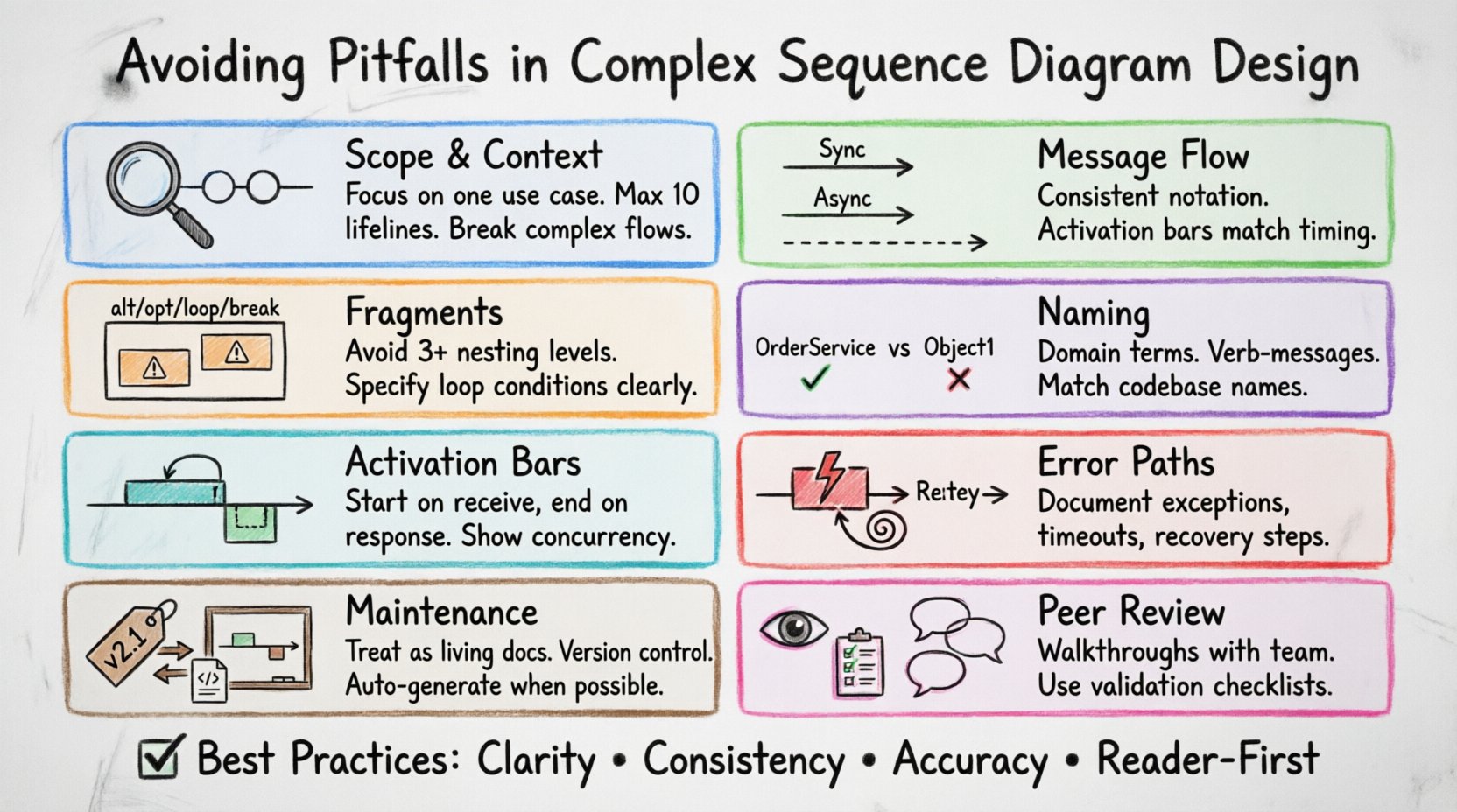 Hand-drawn whiteboard infographic illustrating 8 essential pitfalls and best practices for complex sequence diagram design: defining scope with focused use cases, distinguishing synchronous vs asynchronous message flow with proper arrow notation, managing fragment complexity without deep nesting, using clear domain-based naming conventions, correctly placing activation bars for object lifecycles, documenting exception paths and error handling, maintaining diagrams alongside code with version control, and conducting peer reviews for validation - all presented with color-coded markers on a sketched whiteboard background for intuitive visual learning