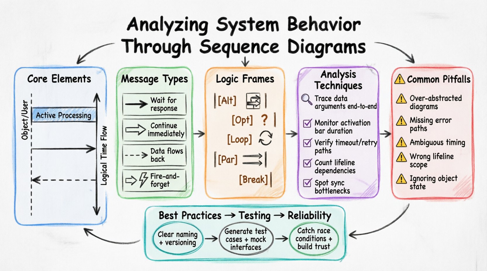 Hand-drawn whiteboard infographic illustrating how to analyze software system behavior using UML sequence diagrams, featuring core elements (lifelines, activation bars, messages), message types (synchronous, asynchronous, return, signal), logic frames (Alt, Opt, Loop, Par, Break), analysis techniques for debugging and validation, common pitfalls to avoid, documentation best practices, and integration with testing strategies for enhanced system reliability