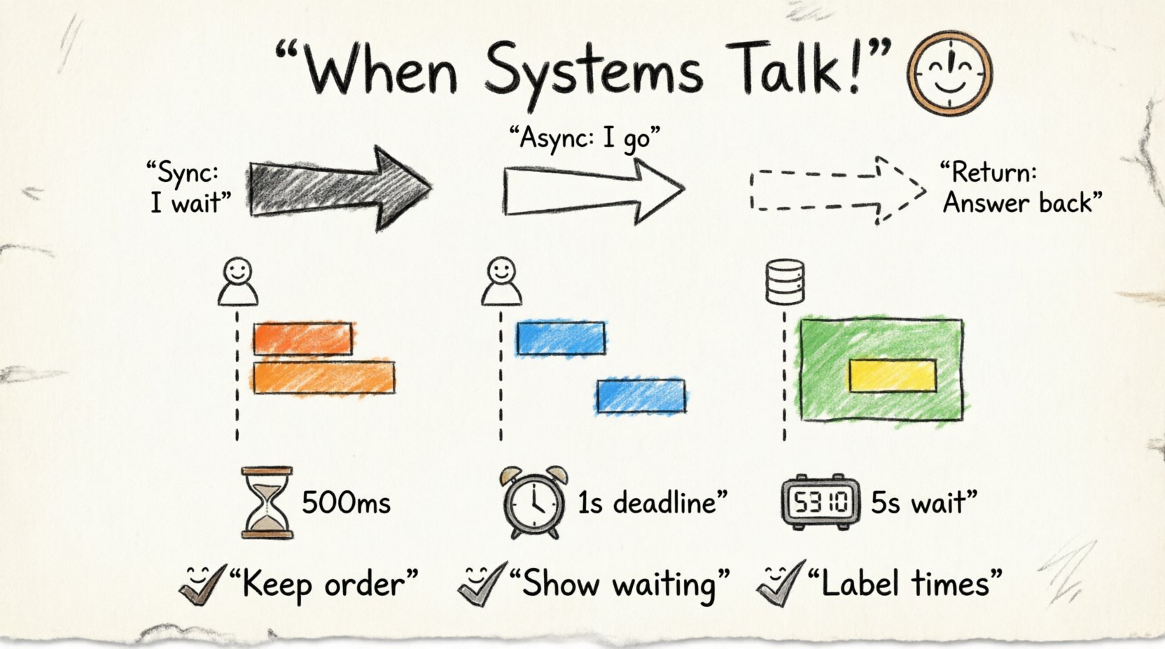 Child-style hand-drawn infographic explaining timing and synchronization in sequence diagrams, featuring playful crayon illustrations of synchronous and asynchronous messages, activation bars, lifelines, and time constraints with bright colors and cute doodle elements for educational purposes