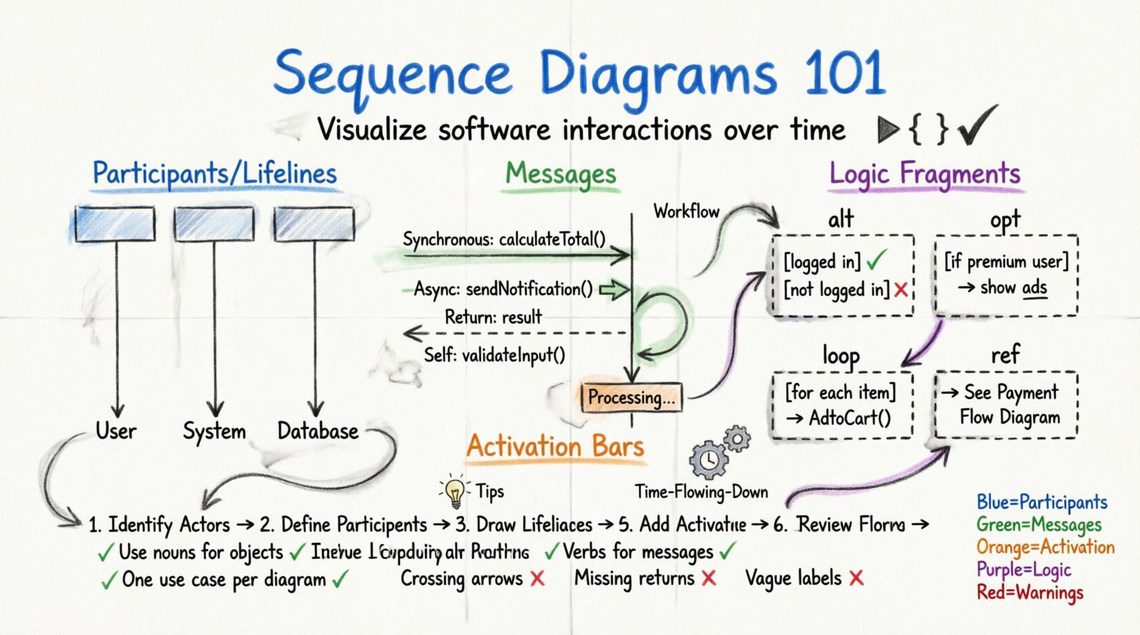 Hand-drawn whiteboard infographic teaching how to create UML sequence diagrams: shows color-coded components including participants with lifelines (blue), message types with arrow styles (green), activation bars (orange), and logic fragments like alt/opt/loop/ref (purple); features a 7-step construction guide, best practices checklist with green checkmarks, common mistakes marked with red Xs, and visual examples of synchronous/asynchronous/return/self-messages; designed for developers and designers to quickly learn sequence diagram notation and workflow integration