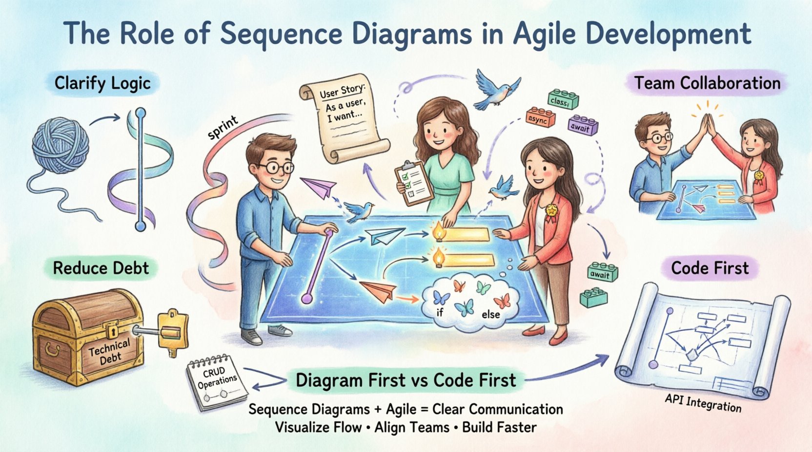 Whimsical infographic illustrating how sequence diagrams enhance Agile development: shows collaborative team members visualizing system interactions with playful lifelines, message arrows, and sprint workflows to improve communication, reduce technical debt, and align cross-functional teams in iterative software delivery