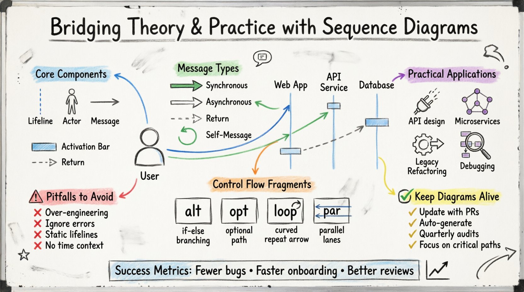 Hand-drawn whiteboard infographic illustrating how sequence diagrams bridge software architecture theory and practice, featuring core UML components (lifelines, actors, messages, activation bars), message types (synchronous, asynchronous, return, self), control flow fragments (alt, opt, loop, par), practical applications in API design and microservices, common pitfalls to avoid, and maintenance strategies for keeping diagrams aligned with code