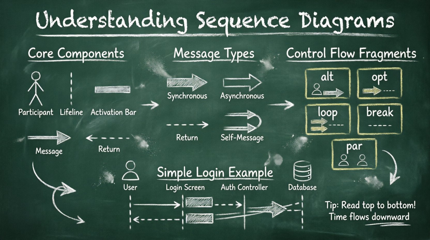 Chalkboard-style infographic explaining UML sequence diagrams for students, showing core components like participants, lifelines, activation bars, message types including synchronous and asynchronous arrows, control flow fragments (alt, opt, loop, break, par), and a user login example flow, with hand-written chalk aesthetic on dark green background for easy learning