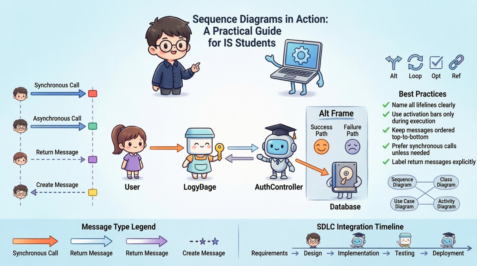 Chibi-style educational infographic explaining UML sequence diagrams for Information Systems students, featuring core elements like lifelines, message types (synchronous, asynchronous, return), activation bars, interaction fragments (Alt, Opt, Loop, Ref), best practices, common pitfalls, and a practical user authentication flow example with cute character illustrations, time-flow visualization, and SDLC integration tips