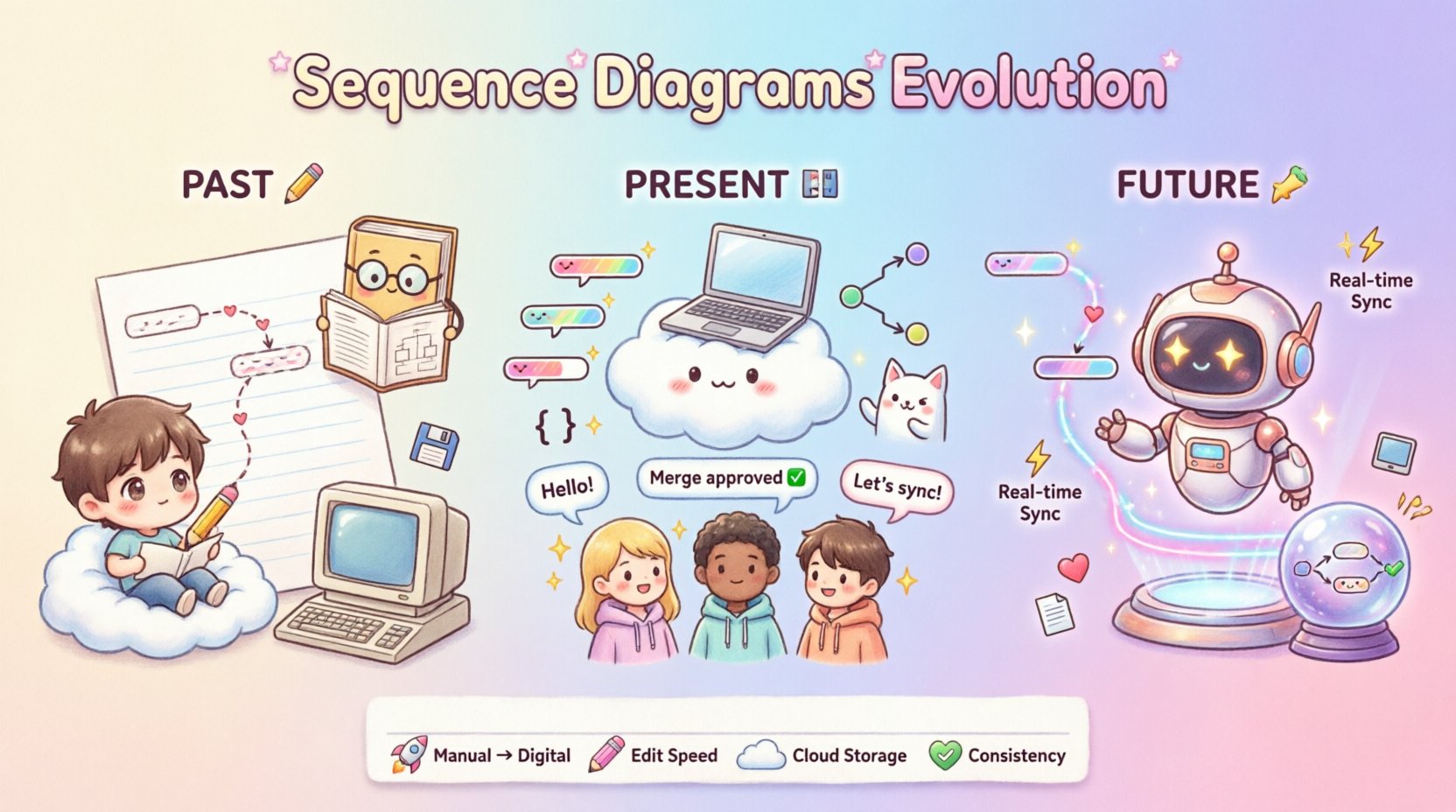 Kawaii-style infographic illustrating the evolution of sequence diagrams in software engineering: past era showing hand-drawn sketches and UML standardization, present era featuring digital tools and code integration, and future era with AI-powered generative design and real-time synchronization, decorated with cute characters, pastel colors, and intuitive visual timeline
