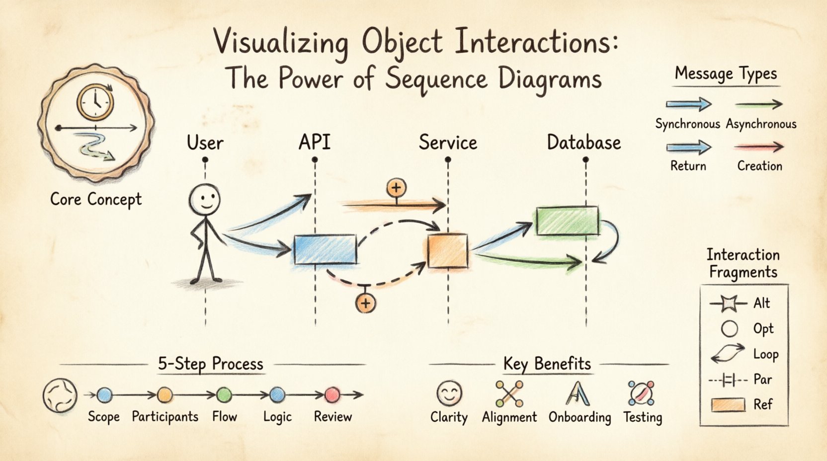 Hand-drawn infographic explaining sequence diagrams in software development, illustrating core components like lifelines, actors, messages, and activation bars, plus message types, 5-step creation process, interaction fragments (Alt/Opt/Loop/Par/Ref), and strategic benefits for visualizing chronological object interactions in system design