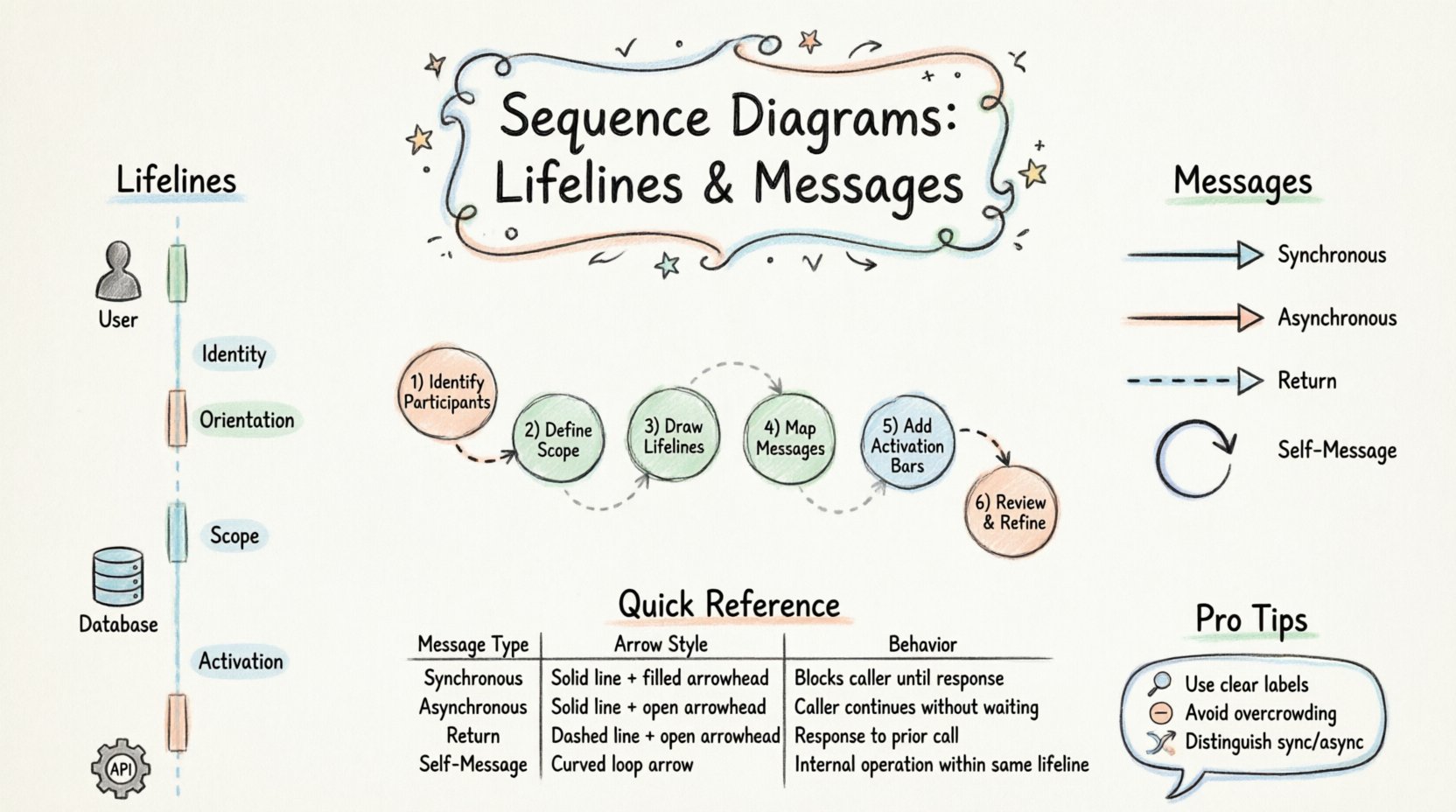 Hand-drawn infographic explaining sequence diagram fundamentals: vertical lifelines representing participants with activation bars, horizontal message arrows showing synchronous, asynchronous, return, and self-message types, a 6-step diagram creation workflow, and best practices for clear UML sequence diagram design in software engineering
