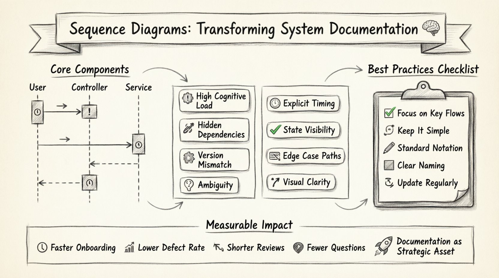 Sketch-style infographic illustrating how sequence diagrams enhance system documentation: shows core components (lifelines, messages, activation bars), contrasts text-based documentation challenges with visual diagram benefits, highlights best practices for modeling, and displays measurable impacts like faster onboarding and reduced defects