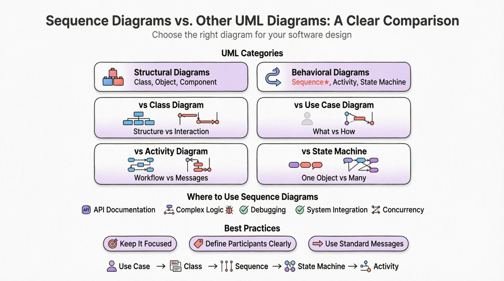 Infographic comparing UML sequence diagrams with class, use case, activity, and state machine diagrams in flat design style, showing key differences between static structure and dynamic interaction, when to use sequence diagrams for API documentation and complex logic, best practices for software design documentation, and integration workflow for students and developers