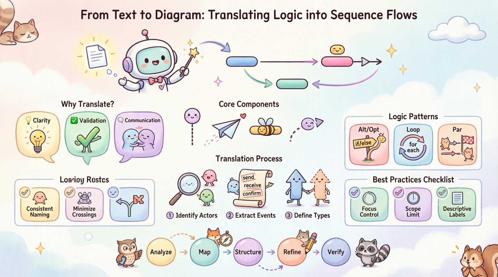 Kawaii cute vector infographic explaining how to translate textual logic into sequence diagram flows, featuring pastel colors, rounded shapes, and friendly illustrations covering core components (lifelines, messages, activation bars), a 3-step translation process, logic patterns (Alt/Opt, Loop, Parallel), common pitfalls, best practices, and a 5-step workflow cycle (Analyze→Map→Structure→Refine→Verify), designed in 16:9 aspect ratio with soft pink, mint, lavender, and baby blue palette for clear visual communication in system design documentation