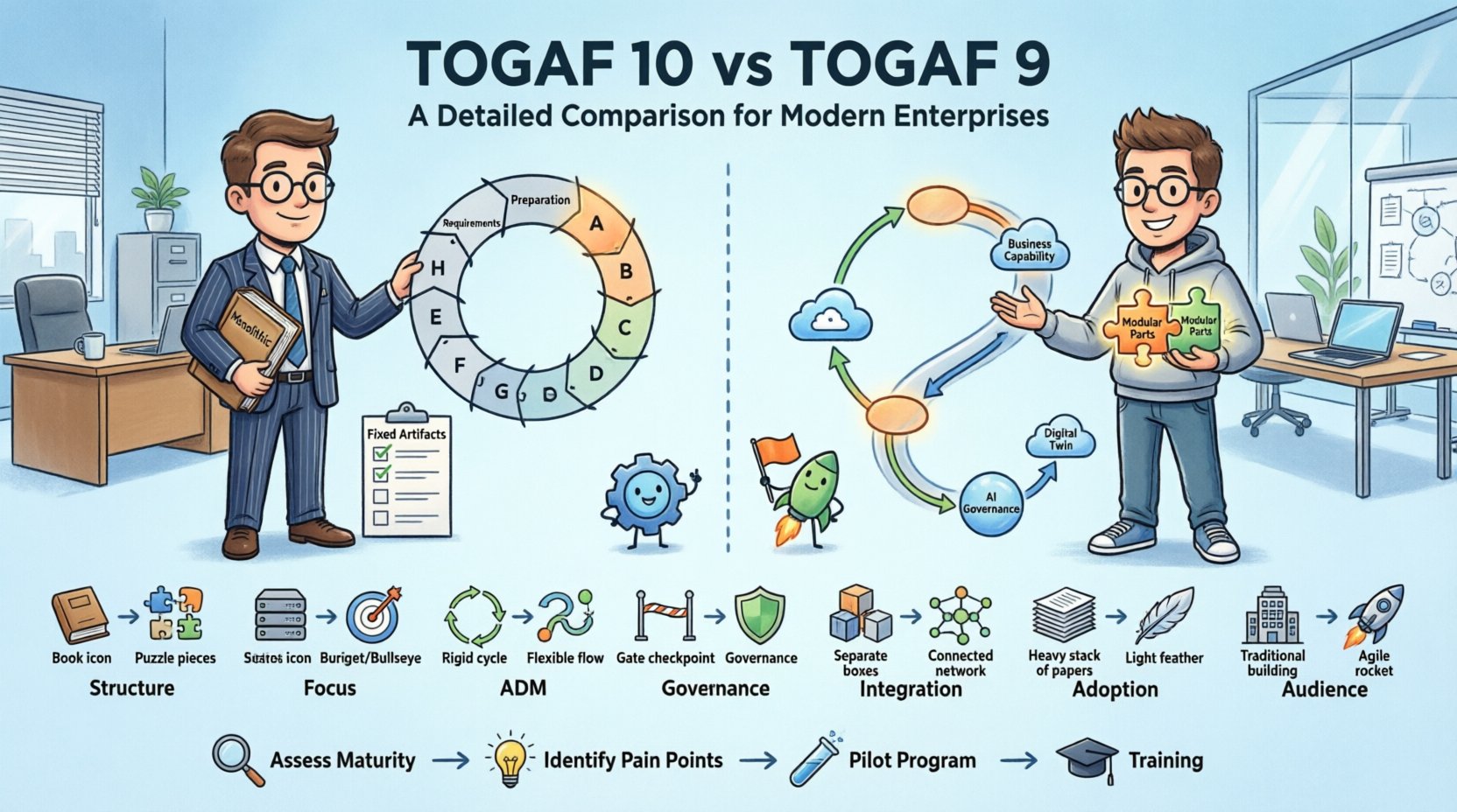Cartoon infographic comparing TOGAF 10 and TOGAF 9 enterprise architecture frameworks: side-by-side visual showing TOGAF 9's monolithic structure with rigid ADM cycle, fixed artifacts, and traditional governance versus TOGAF 10's modular parts, flexible iterative ADM, capability-based focus, and continuous governance; includes comparison table icons for structure, primary focus, ADM flexibility, content metamodel, integration, adoption curve, and target audience; features migration strategy steps and key takeaways for modern enterprises evaluating framework selection