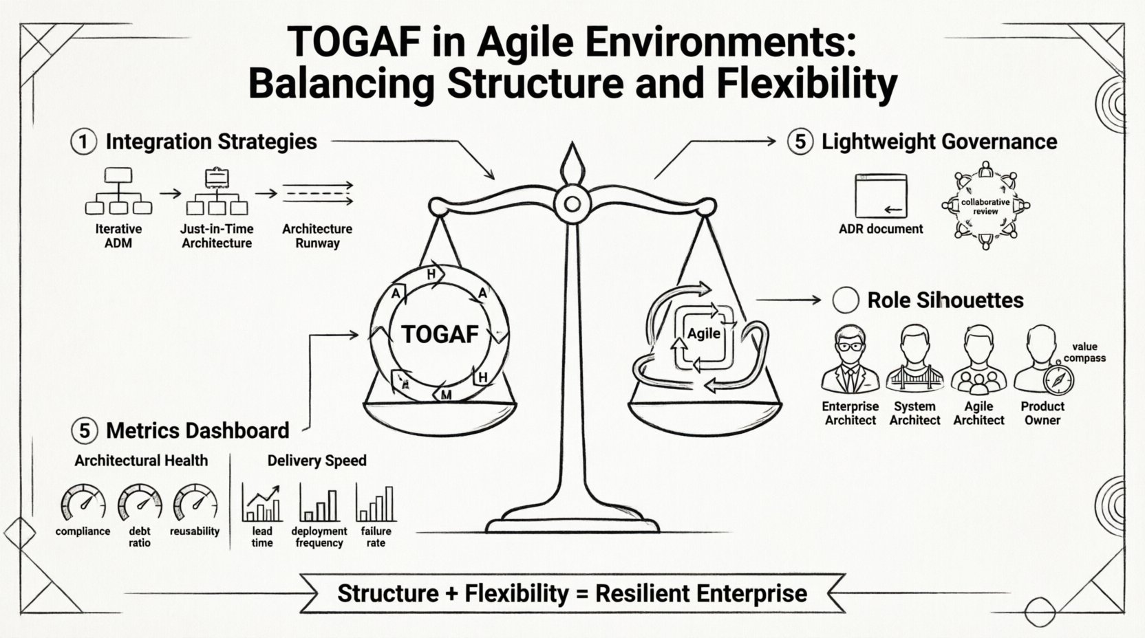 Line art infographic illustrating how to balance TOGAF enterprise architecture framework with Agile methodologies, featuring the iterative ADM cycle, architecture runway concept, lightweight governance practices, role definitions, and success metrics for building resilient, adaptable enterprise systems