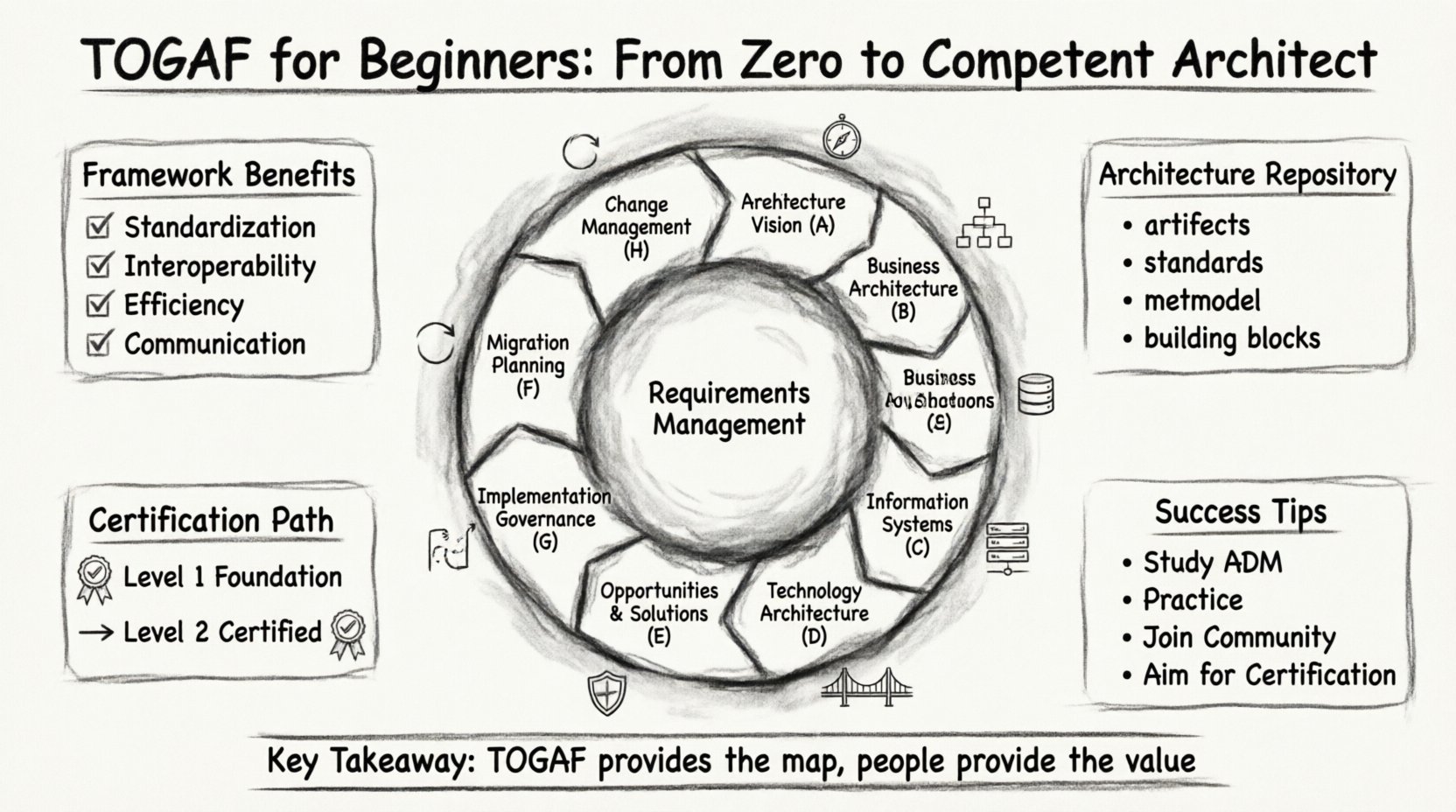 Charcoal contour sketch infographic of TOGAF Architecture Development Method (ADM) cycle for beginners, featuring 10 phases arranged clockwise around a central Requirements Management hub, with minimalist icons representing each phase (Vision, Business, Data/Apps, Technology, Solutions, Migration, Governance, Change), surrounded by four callout panels highlighting framework benefits, architecture repository components, certification pathways, and practical success tips for enterprise architects