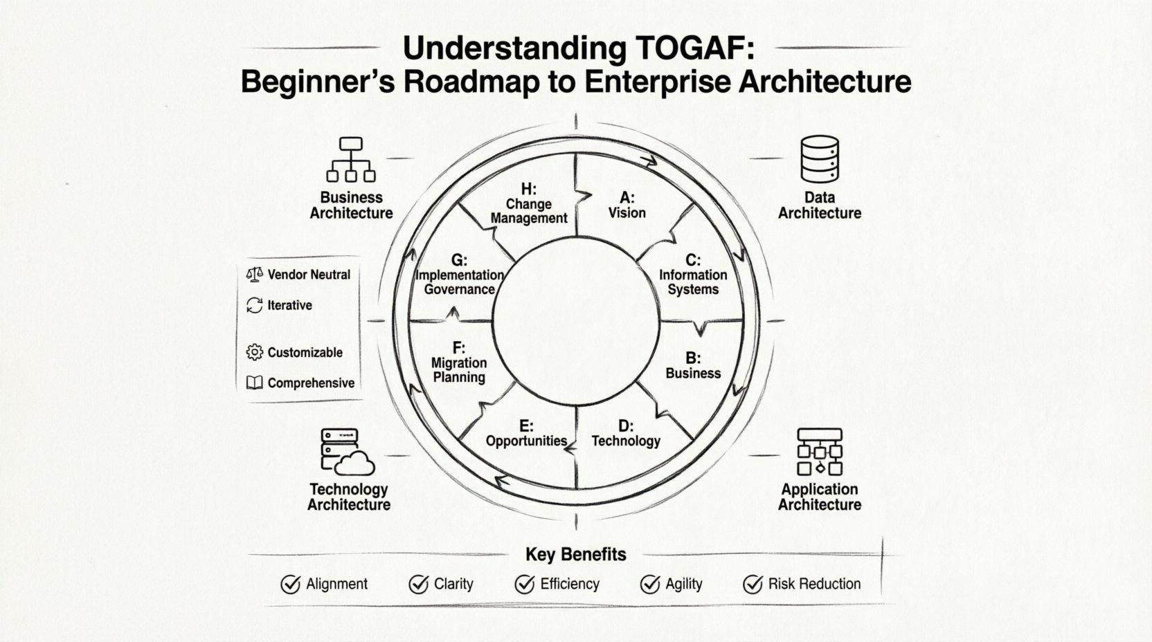 Line art infographic illustrating TOGAF framework for enterprise architecture: central circular ADM cycle with 8 phases (Vision, Business, Information Systems, Technology, Opportunities, Migration Planning, Implementation Governance, Change Management), four architecture domains (Business, Data, Application, Technology), key characteristics (vendor-neutral, iterative, customizable, comprehensive), and benefits for aligning IT with business goals