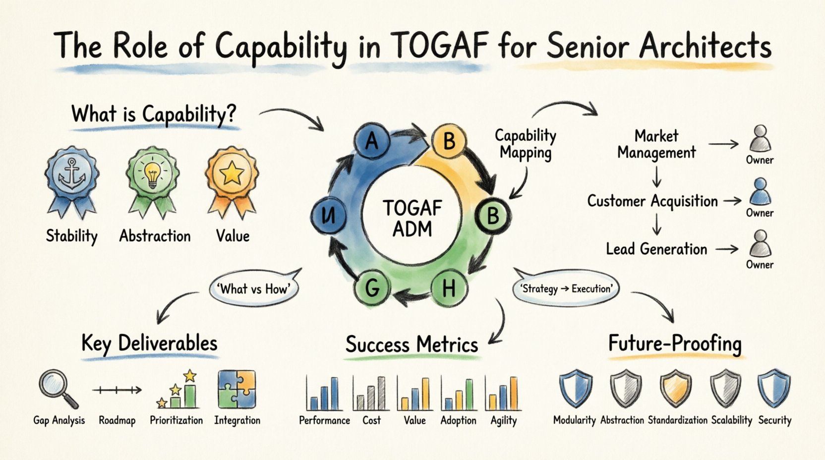 Hand-drawn infographic with thick outline strokes illustrating the role of business capability in TOGAF for Senior Architects. Features: definition of enterprise capability (stability, abstraction, value), TOGAF ADM cycle (Phases A-H) with capability integration highlighted at Phase B, hierarchical capability mapping example (Market Management → Customer Acquisition → Lead Generation), four key deliverables (Gap Analysis, Roadmap, Investment Prioritization, Integration Points), five success metrics (Performance, Cost, Value, Adoption, Agility), and five future-proofing principles (Modularity, Abstraction, Standardization, Scalability, Security). Visual style: sketch-style illustrations with watercolor fills, clear English labels, strategic flow from business strategy to technical execution. Designed for enterprise architecture professionals seeking to align technology investments with business value.