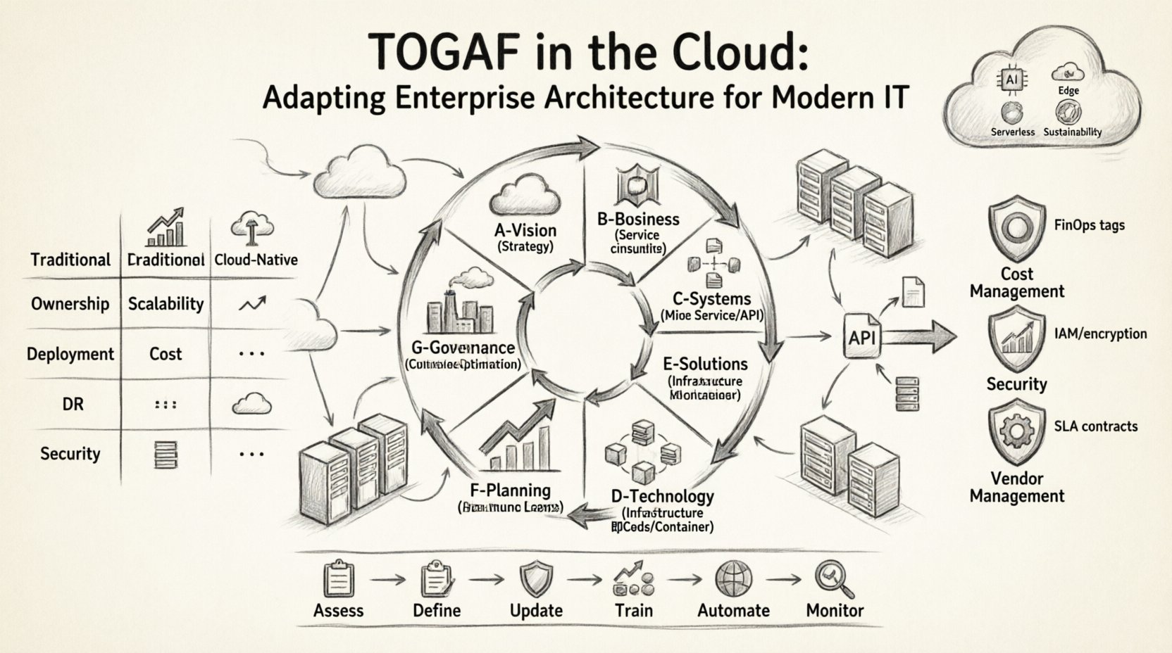 Sketch-style infographic illustrating how TOGAF Enterprise Architecture framework adapts to cloud computing: features the 8-phase Architecture Development Method (ADM) cycle optimized for cloud initiatives including Vision, Business Architecture, Systems Architecture, Technology Architecture, Solutions, Migration Planning, Governance, and Change Management; compares traditional on-premises vs cloud-native architecture across scalability, cost models, deployment frequency, and security; highlights three governance pillars—FinOps cost management, IAM security compliance, and vendor SLA management; displays 6-step implementation roadmap from assessment to continuous iteration; includes future trends like AI optimization, edge computing, and serverless architecture; designed in hand-drawn pencil sketch style with clean typography and intuitive visual flow for enterprise IT professionals and architects