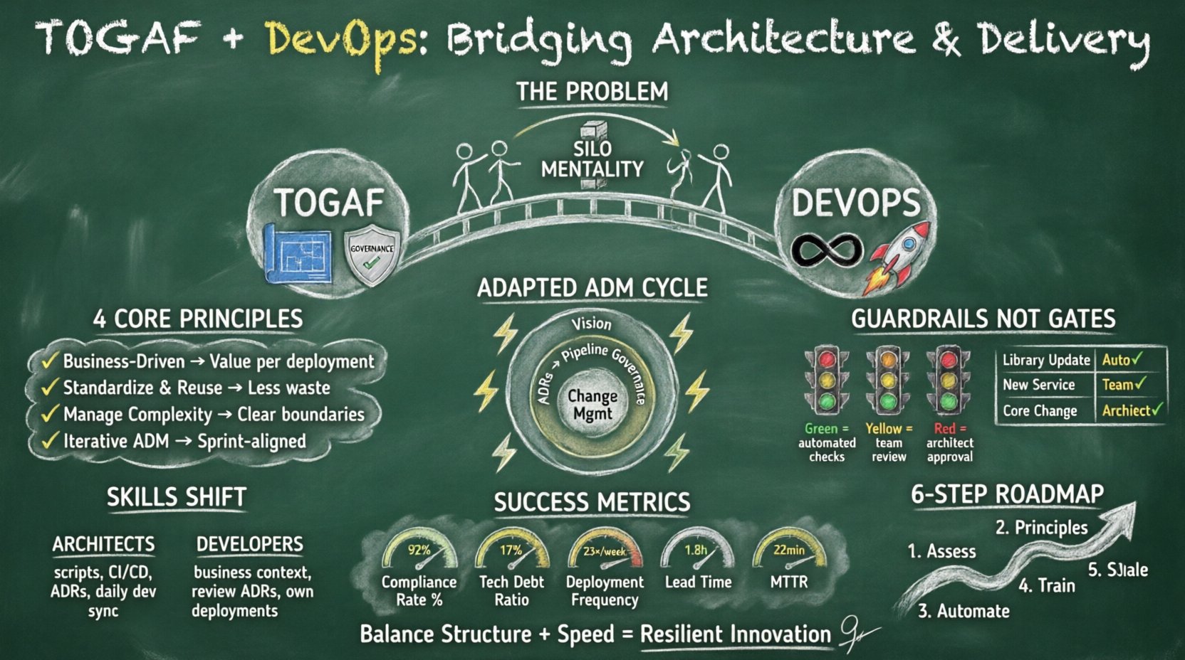 Chalkboard-style infographic illustrating how TOGAF enterprise architecture framework integrates with DevOps practices: shows bridge connecting architecture governance and continuous delivery, core principles (business-driven, standardize, manage complexity, iterative), adapted ADM cycle for speed, guardrails-based governance model with automated checks, skills shift for architects and developers, key success metrics (compliance rate, technical debt, deployment frequency), and 6-step implementation roadmap - all presented in hand-written teacher-style visual format for easy understanding