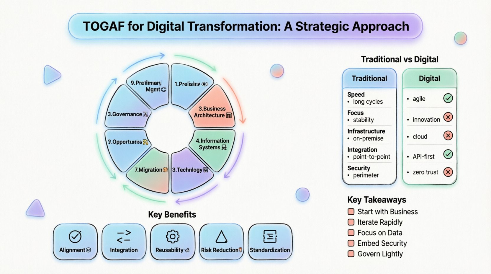Infographic illustrating TOGAF framework for digital transformation: features the 9-phase Architecture Development Method cycle (Preliminary, Vision, Business Architecture, Information Systems, Technology, Opportunities, Migration, Governance, Change Management) with pastel-colored rounded icons, comparison of traditional vs digital architecture approaches, key benefits including alignment and risk reduction, and strategic takeaways for agile implementation, designed in clean flat style with black outlines and soft accent colors for educational use