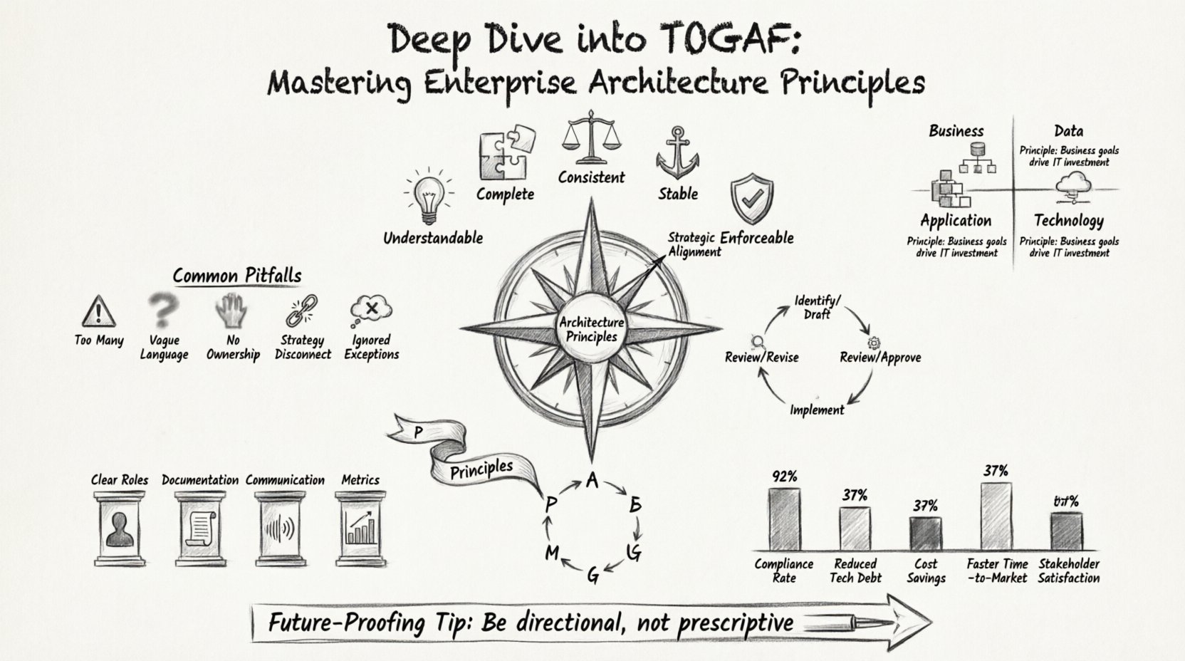 Charcoal contour sketch infographic illustrating TOGAF Enterprise Architecture Principles: central compass motif for strategic alignment, five key characteristics (understandable, complete, consistent, stable, enforceable) with icons, four principle categories (Business, Data, Application, Technology) with examples, circular five-stage lifecycle diagram, ADM cycle integration showing principles across Phases A-G, governance framework pillars, common pitfalls warnings, success metrics visualization, and future-proofing guidance for organizational IT strategy alignment