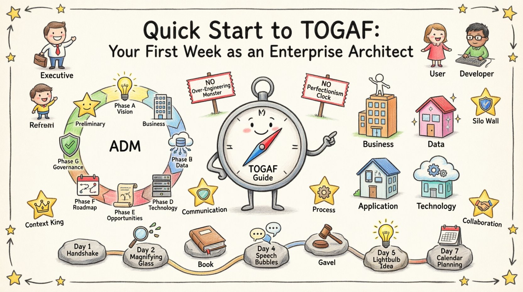Child's drawing style infographic illustrating a beginner's guide to TOGAF for new Enterprise Architects: features a friendly compass mascot, colorful ADM cycle phases A-H in a rainbow circle, four architecture domains as cute houses (Business, Data, Application, Technology), a 7-day onboarding roadmap with stepping stone milestones, diverse stakeholder characters, playful caution signs for common pitfalls, and golden star badges highlighting key takeaways about context, communication, process, governance, and collaboration - all rendered in bright crayon colors with hand-drawn whimsical aesthetic on 16:9 layout