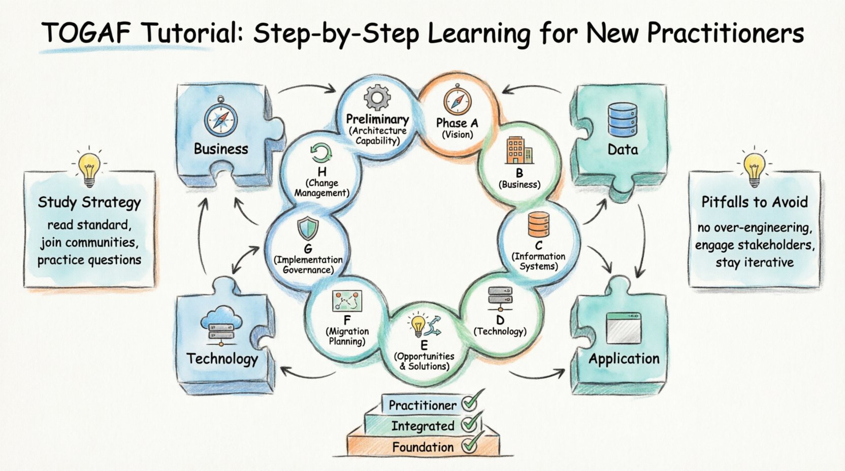 Hand-drawn infographic illustrating TOGAF enterprise architecture framework: central ADM cycle with 9 phases (Preliminary through H), four interconnected architecture domains (Business, Data, Application, Technology), certification pathway levels, and practical learning tips for new practitioners