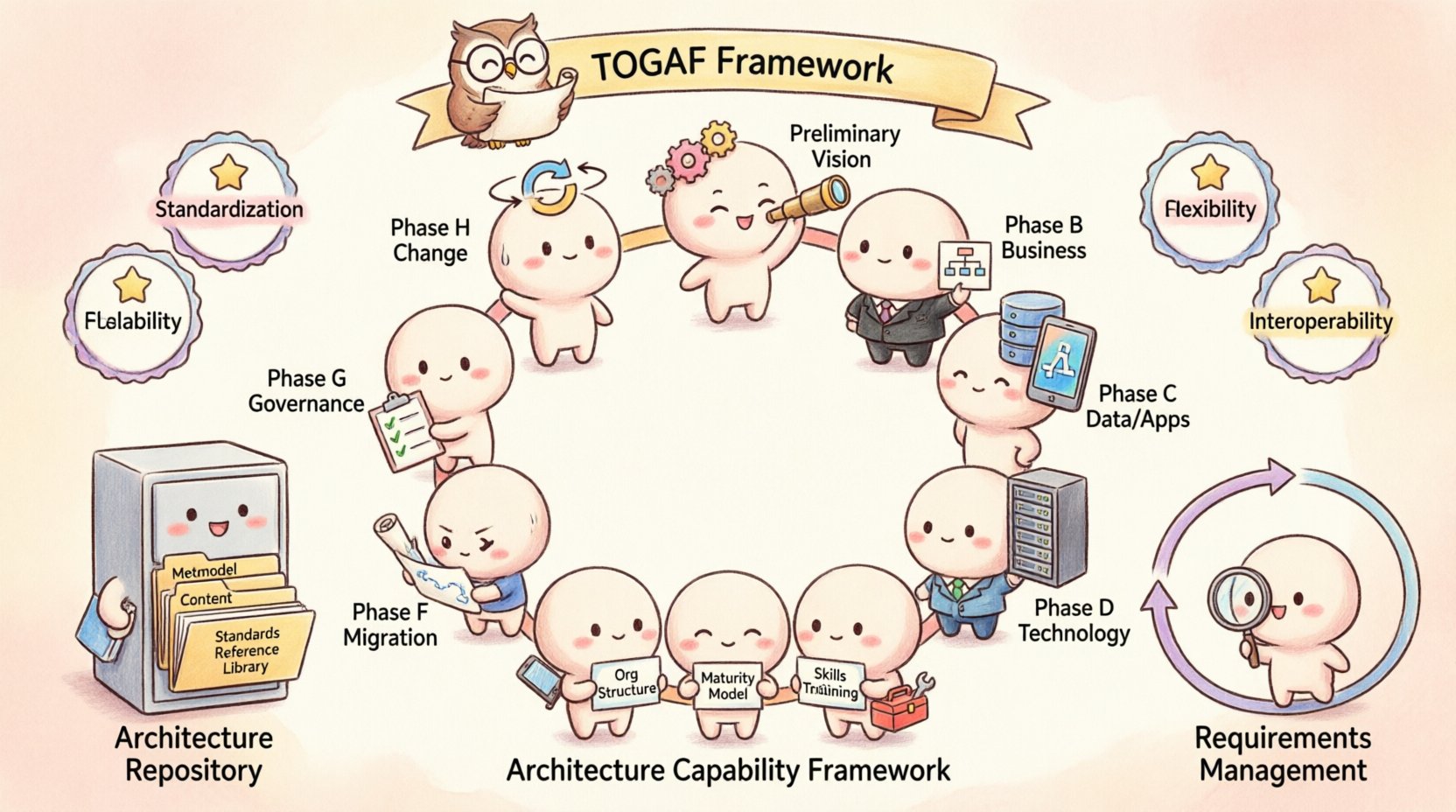 Chibi-style infographic illustrating the TOGAF Enterprise Architecture Framework, featuring the Architecture Development Method (ADM) cycle with phases Preliminary through H, Architecture Repository components, Capability Framework elements, and key benefits like standardization and scalability, designed with cute kawaii characters and pastel colors for intuitive learning