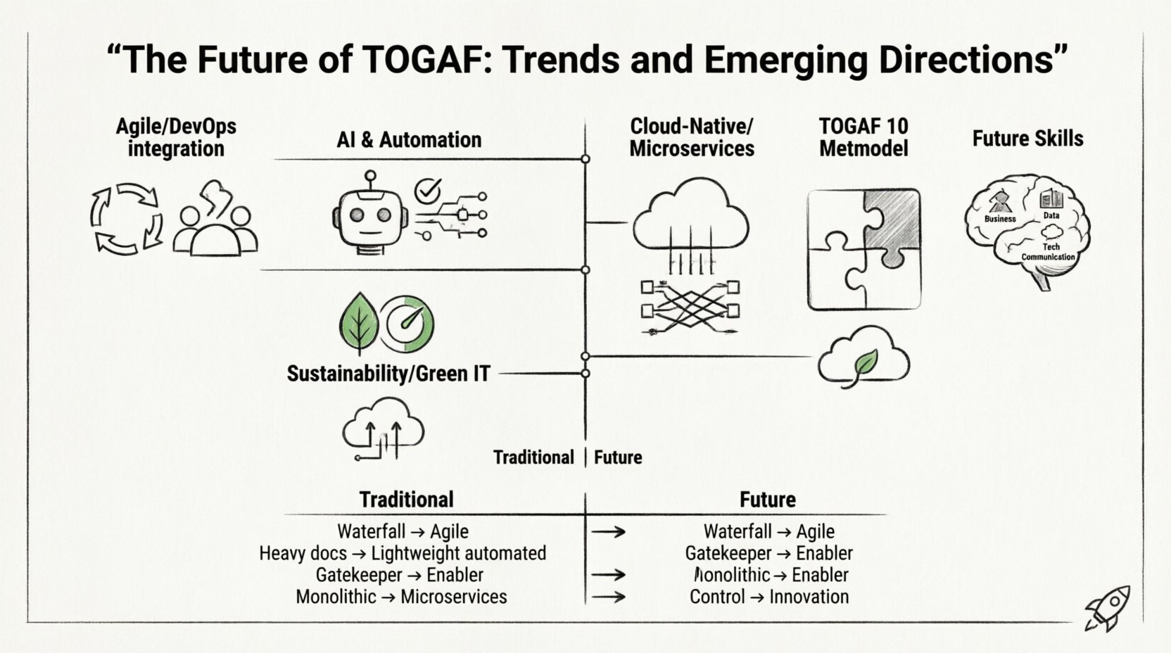 Line art infographic illustrating the future of TOGAF enterprise architecture framework showing six key trends: Agile/DevOps integration with sprint-based architecture, AI and automation for compliance and impact analysis, cloud-native microservices with decentralized governance, sustainability and green IT principles, TOGAF 10 modular content metamodel, and essential future architect skills; includes visual comparison of traditional versus future EA practices across delivery cycle, documentation, governance, technology, and focus areas