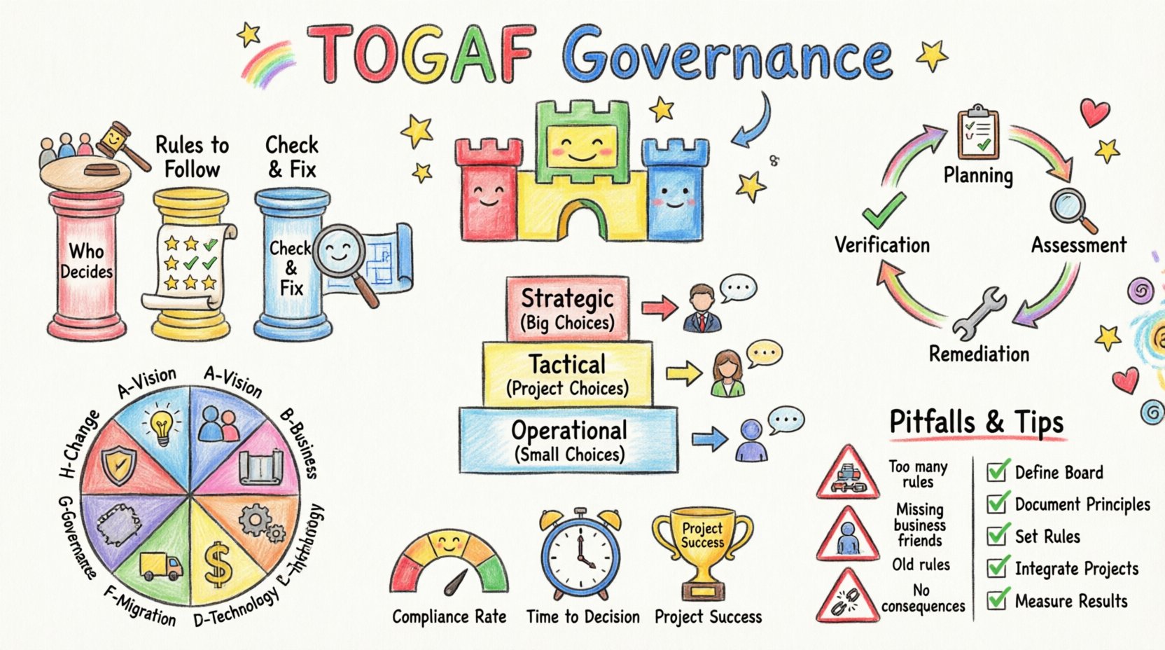 Child-style drawing infographic explaining TOGAF governance framework: features three colorful pillars (Architecture Board with diverse stick-figure team at table, Architecture Principles as decorated scroll, Compliance Management as magnifying glass checking blueprint), decision-making ladder with Strategic/Tactical/Operational levels, circular compliance lifecycle with four steps, 8-segment ADM phase wheel with simple icons, hand-drawn KPI charts for compliance rate and project success, warning signs for common governance pitfalls, and green checklist for implementation steps - all rendered in bright crayon colors with playful wobbly lines and doodles to make enterprise architecture governance concepts intuitive and engaging for all audiences