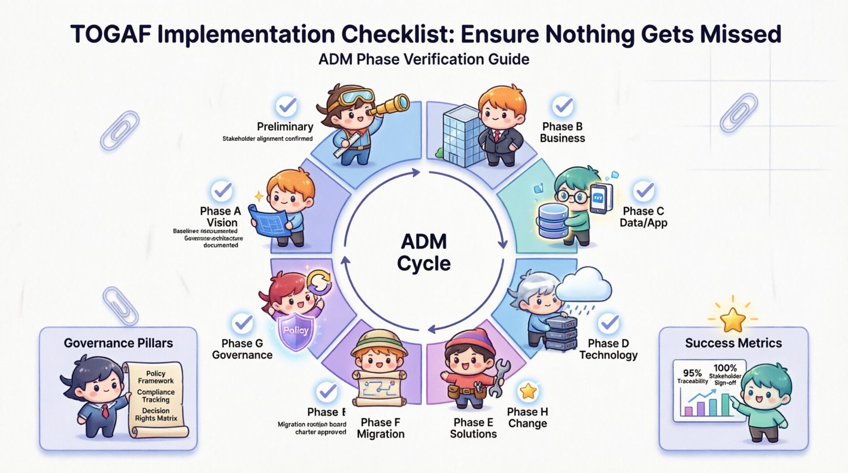 Chibi-style infographic illustrating the TOGAF Implementation Checklist with all 10 ADM phases (Preliminary through Phase H), featuring cute character icons for Architecture Vision, Business Architecture, Information Systems, Technology Architecture, Opportunities & Solutions, Migration Planning, Implementation Governance, and Change Management, plus governance pillars and success metrics KPIs, designed as a visual guide for enterprise architecture teams
