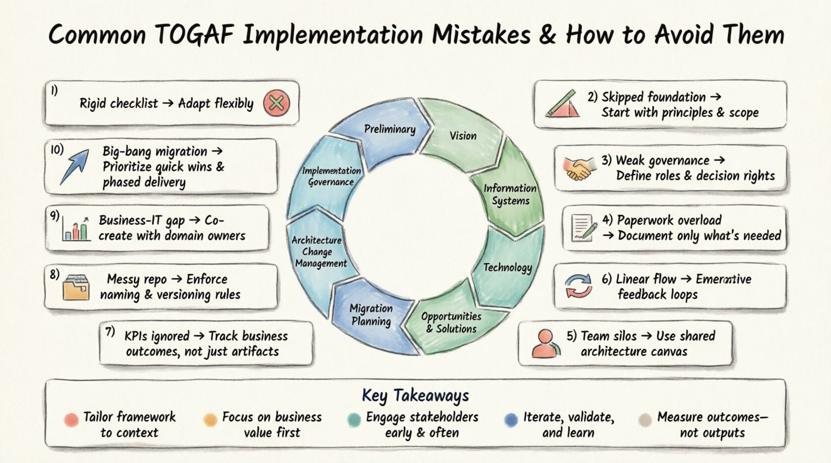 Marker-style infographic titled 'Common TOGAF Implementation Mistakes & How to Avoid Them' featuring a central Architecture Development Method (ADM) cycle surrounded by 10 illustrated pitfalls: rigid checklist thinking, neglected preliminary phase, weak governance structures, over-documentation paralysis, ignoring ADM iteration, underestimating human factors, missing success metrics, repository neglect, business-IT disconnect, and skipped migration planning. Each mistake includes a simple icon, brief problem statement, and practical solution. Bottom section highlights 5 key takeaways for enterprise architecture success: tailor the framework, focus on business value, engage stakeholders early, embrace iterative cycles, and measure meaningful outcomes. Hand-drawn marker illustration style with approachable color palette, designed for architecture teams seeking practical TOGAF adoption guidance.