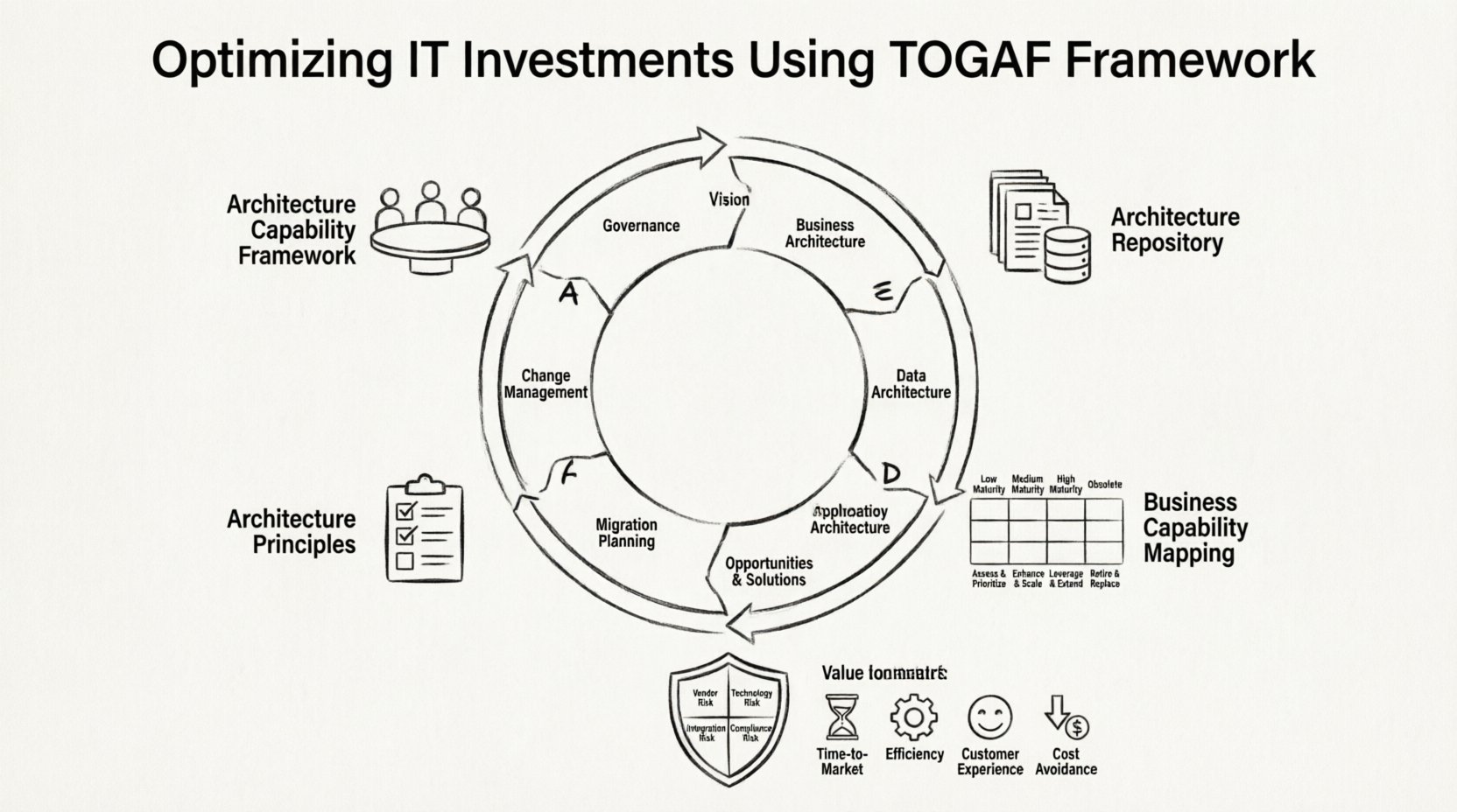 Line art infographic illustrating TOGAF framework techniques for optimizing IT investments: central ADM cycle with 8 phases (Architecture Vision through Change Management), surrounded by core components (Capability Framework, Repository, Principles), business capability maturity matrix, risk assessment factors, and value realization metrics for enterprise architecture governance and strategic financial alignment
