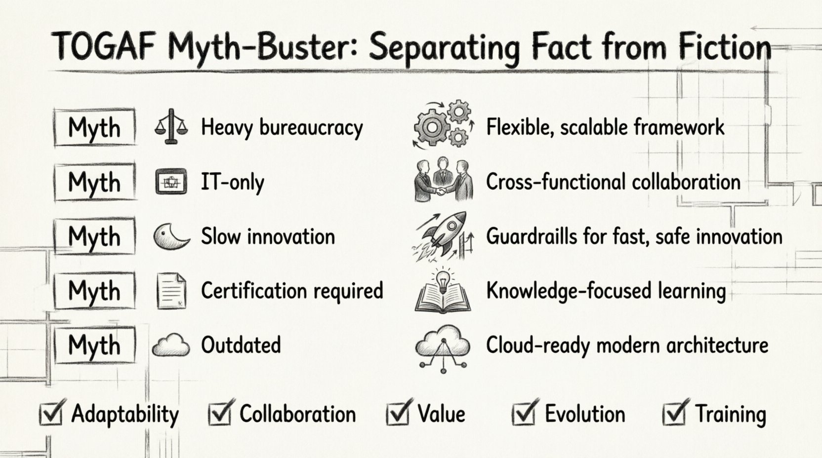 Charcoal contour sketch infographic debunking 5 common TOGAF myths: excessive bureaucracy, IT-only scope, innovation barriers, mandatory certification, and cloud-era obsolescence—paired with reality-based insights on adaptability, business alignment, sustainable innovation, practical knowledge, and modern technology support, plus key takeaways for successful enterprise architecture implementation
