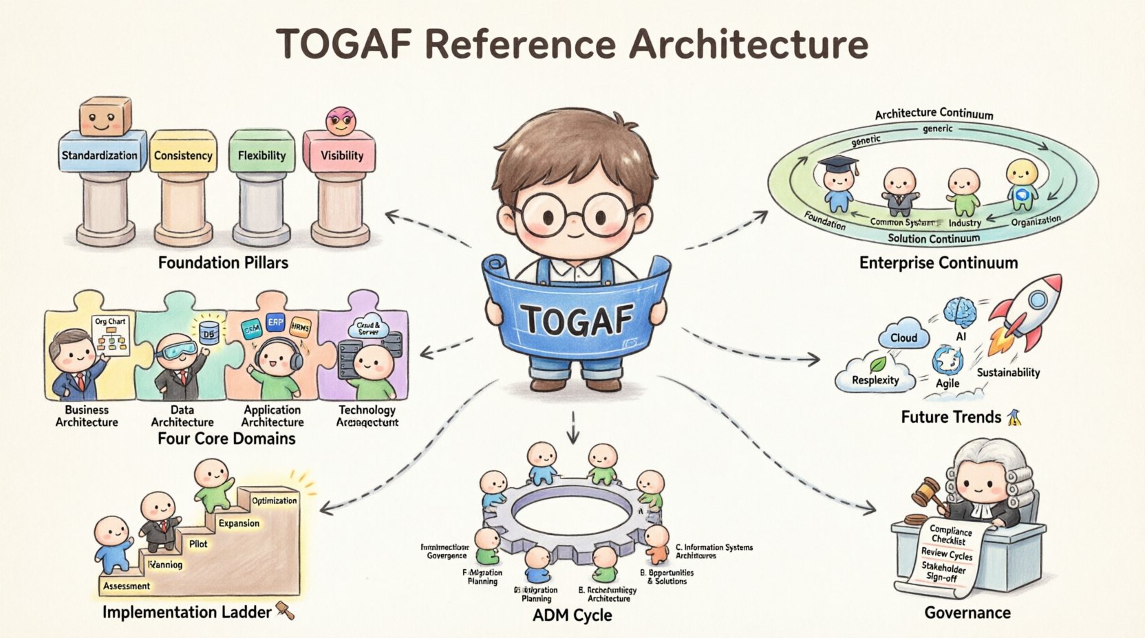 Chibi-style infographic explaining TOGAF Reference Architecture: Enterprise Continuum, four core domains (Business, Data, Application, Technology), ADM phases A-H, governance framework, implementation roadmap, and future trends - visual blueprint for enterprise architecture success