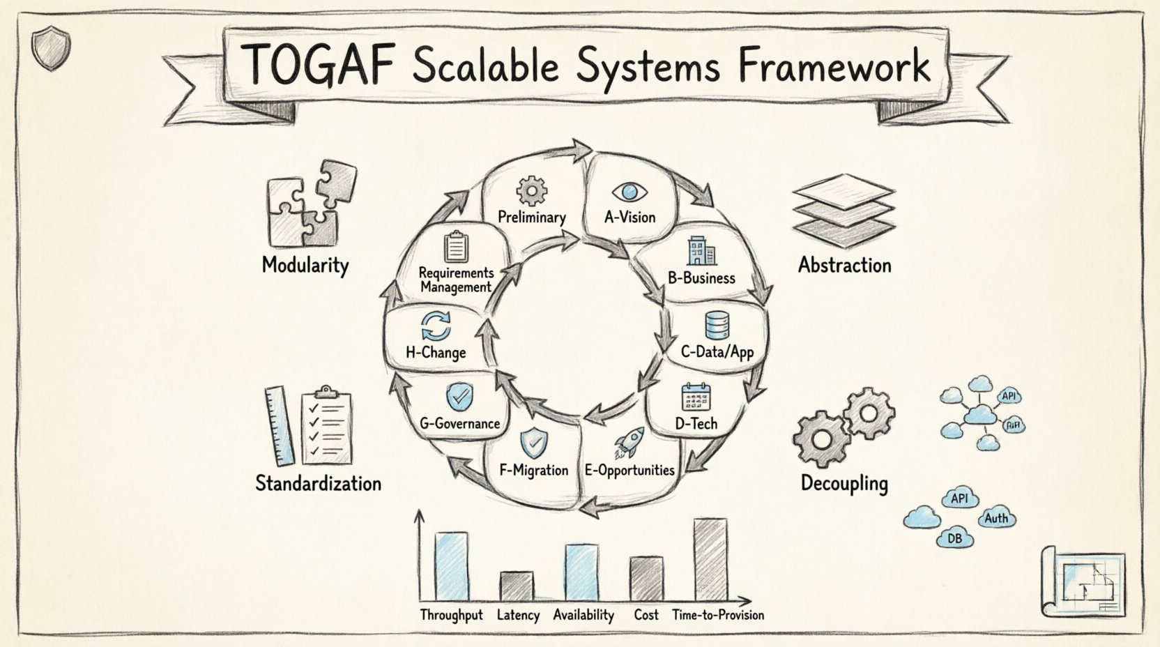 Hand-drawn sketch infographic illustrating the TOGAF Architecture Development Method cycle with 10 phases for building scalable enterprise systems, featuring scalability principles like modularity and abstraction, governance oversight, and key performance metrics in a clean 16:9 layout