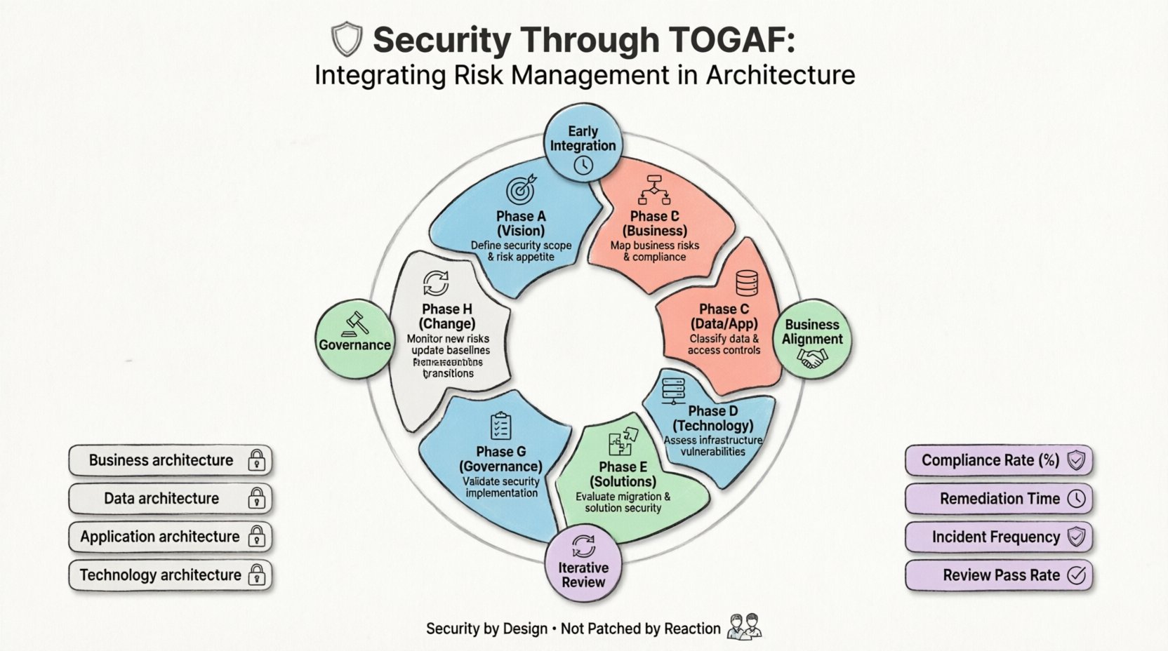 Infographic illustrating how to integrate risk management into TOGAF Architecture Development Method (ADM) cycle, featuring 8 phases with security activities, key principles (Early Integration, Business Alignment, Iterative Review, Governance), security architecture domains, and KPI metrics in a clean flat design with pastel colors and rounded shapes for educational and social media use