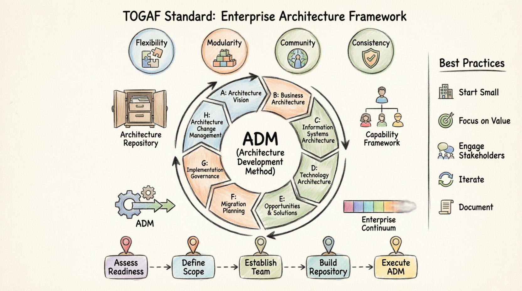 Hand-drawn infographic illustrating the TOGAF Standard enterprise architecture framework, featuring the iterative 8-phase Architecture Development Method (ADM) cycle at center, surrounded by four core components (Architecture Repository, Capability Framework, Enterprise Continuum, ADM), key principles (Flexibility, Modularity, Community, Consistency), implementation roadmap, and best practices checklist, rendered in thick-outline sketch style with warm color palette