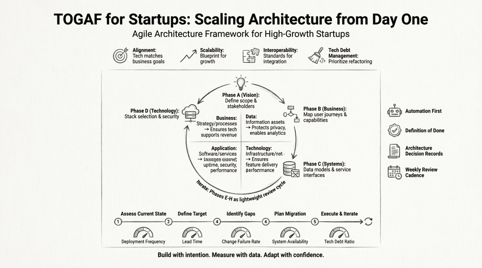Line art infographic illustrating how startups can adapt TOGAF framework for scalable architecture: shows simplified Architecture Development Method (ADM) cycle with phases A-D, four architecture domains (Business, Data, Application, Technology), key benefits including alignment and scalability, lightweight governance principles, 5-step implementation roadmap, and architectural health metrics dashboard