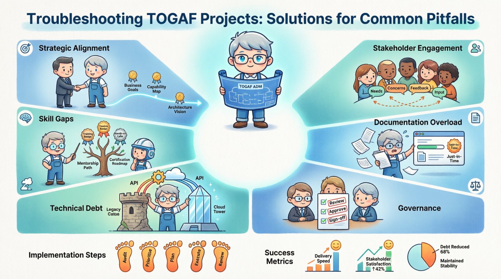 Chibi-style infographic illustrating 6 common TOGAF project pitfalls and solutions: strategic alignment, stakeholder engagement, documentation overload, governance hurdles, technical debt, and skill gaps. Features cute architect characters, visual flow diagrams, implementation steps, and success metrics in a clean 16:9 layout for enterprise architecture teams.