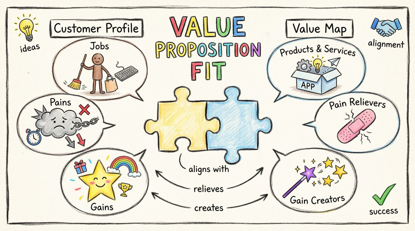 Child-style hand-drawn infographic illustrating the Value Proposition Canvas framework, showing Customer Profile with Jobs, Pains, and Gains aligning with Value Map featuring Products, Pain Relievers, and Gain Creators to achieve Value Proposition Fit within the Business Model Canvas