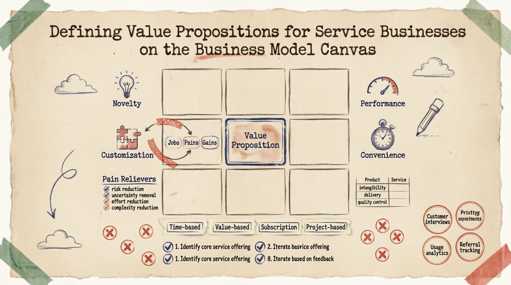 Infographic in stamp and washi tape craft style summarizing how to define value propositions for service businesses using the Business Model Canvas, featuring four value categories (novelty, performance, customization, convenience), customer segment alignment with jobs/pains/gains framework, gain creators and pain relievers mechanics, pricing models comparison, product vs service differences table, common pitfalls to avoid, and an 8-step validation checklist for service-based value articulation