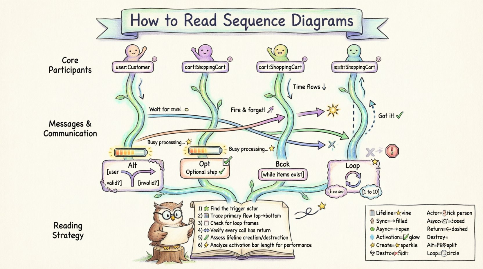 Whimsical educational infographic explaining how to read UML sequence diagrams, featuring playful illustrations of lifelines, actors, synchronous and asynchronous messages, activation bars, control structures (alt/opt/loop frames), and a step-by-step reading strategy checklist, designed in soft pastel colors with friendly cartoon characters for developers and software architects