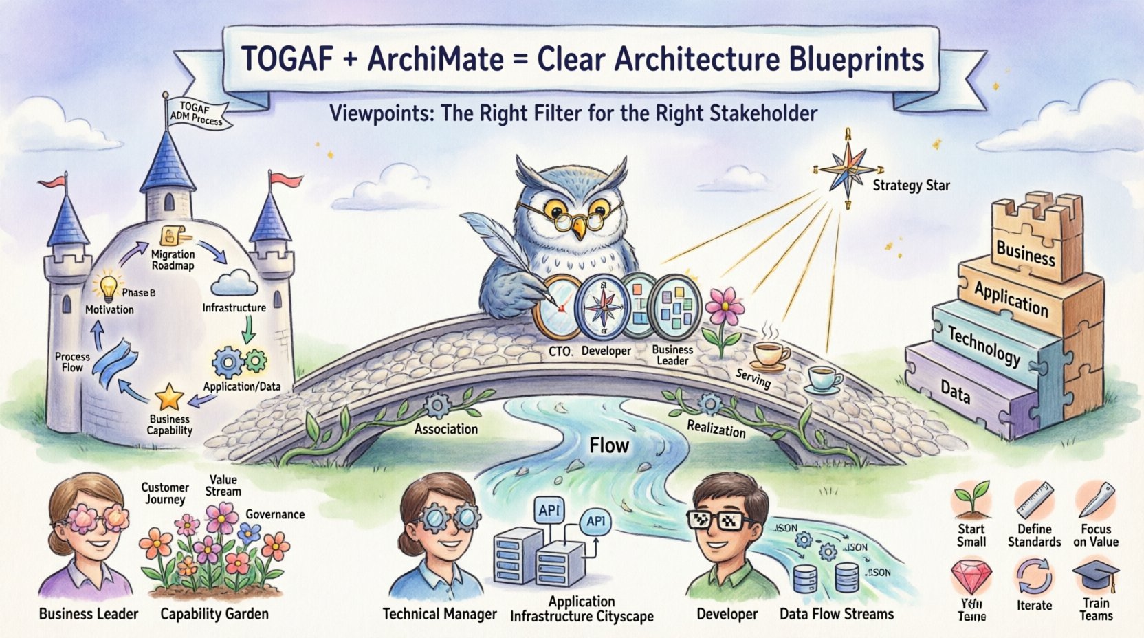 Whimsical infographic illustrating the integration of ArchiMate viewpoints into TOGAF Architecture Development Method phases, showing how business, application, and technology layers connect through stakeholder-focused view filters to create clear enterprise architecture blueprints with cyclical ADM process flow, layered modeling strategies, and motivation elements linking strategy to execution