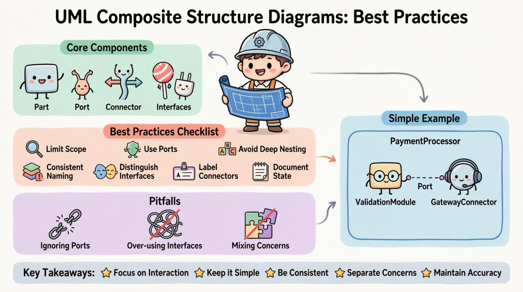 Chibi-style infographic illustrating best practices for UML Composite Structure Diagrams: features cute character icons representing core components (Parts, Ports, Connectors, Interfaces), a visual checklist of 7 clarity practices including limiting scope and using ports, a simplified PaymentProcessor example showing nested compartments, common pitfalls to avoid with warning icons, and key takeaways for maintainable software architecture design, all in a playful pastel 16:9 educational layout