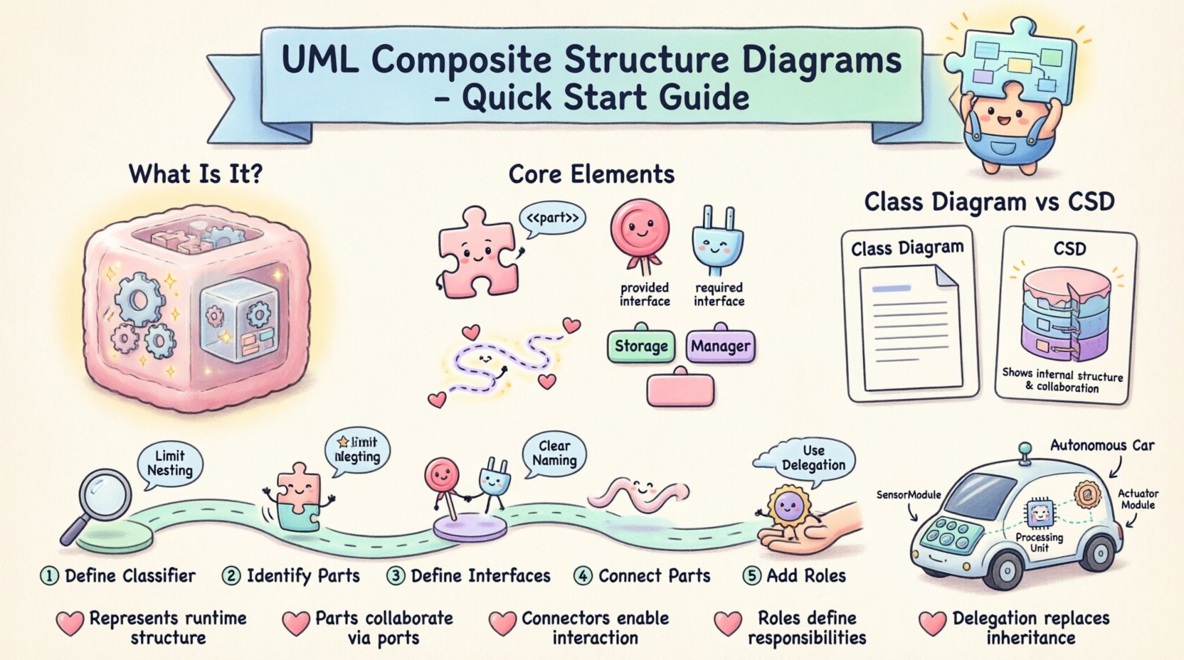 Kawaii cute vector infographic explaining UML Composite Structure Diagrams: shows core elements (parts, ports, roles, connectors), comparison with class diagrams, 5-step creation process, car control system example, and best practices using pastel colors, rounded shapes, and friendly illustrations for approachable software architecture learning