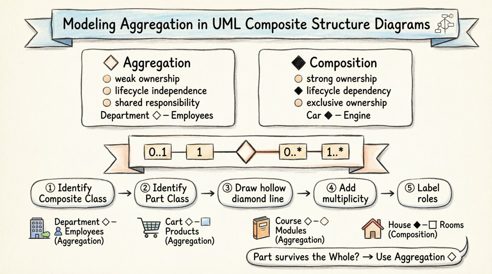 Hand-drawn infographic guide to modeling aggregation in UML composite structure diagrams, featuring hollow diamond notation, side-by-side aggregation vs composition comparison with lifecycle differences, 5-step modeling process flow, multiplicity notation examples, and real-world scenarios like department-employees and shopping cart-products relationships