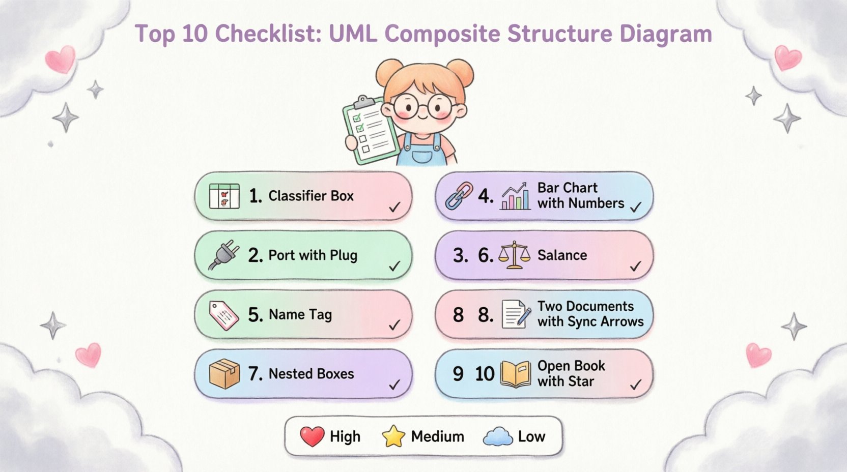 Kawaii-style infographic showing top 10 checklist items for finalizing UML Composite Structure Diagrams, featuring cute vector icons for classifier verification, port validation, connector checks, multiplicity accuracy, role naming, constraints, nested parts, class diagram consistency, navigation paths, and documentation review, with pastel colors and priority indicators