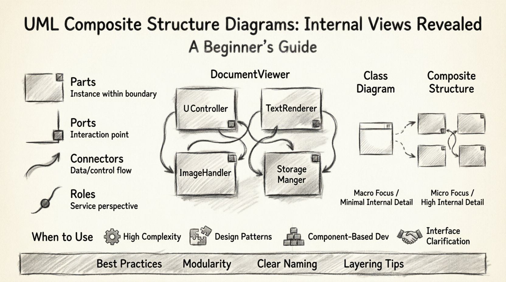 Charcoal contour sketch infographic explaining UML Composite Structure Diagrams: illustrates four core elements (Parts, Ports, Connectors, Roles) with hand-drawn notation examples, DocumentViewer architecture case study showing internal component connections, visual comparison between Class Diagrams and Composite Structure Diagrams, plus practical guidelines for when and how to use this modeling technique in software architecture